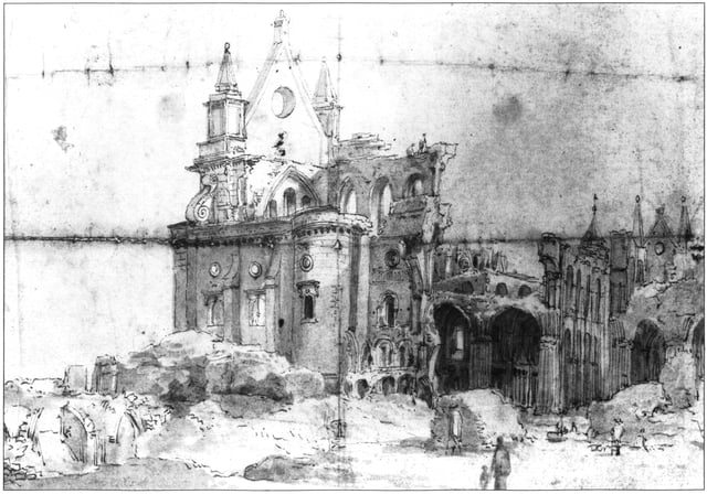 Remains of the Cathedral after the fire drawn by Thomas Wyck, c. 1673