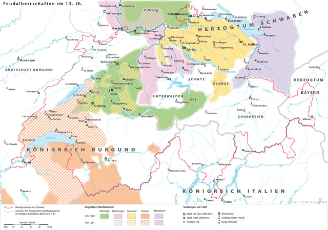 Territories of the dominant noble houses in Swabia and Upper Burgundy around 1200; Zähringen possessions shown in green