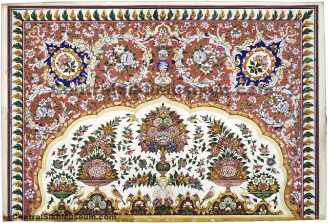 Opaque watercolour-on-paper Nakashi art; about 1880, by an unknown artist from Lahore or Amritsar, and used to decorate the walls of Harmandir Sahib