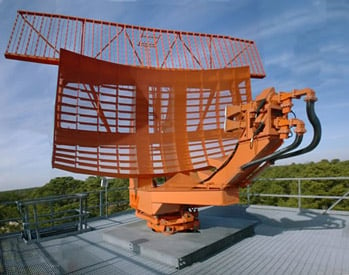 ASR-8 airport surveillance radar antenna.  It rotates once every 4.8 seconds.  The rectangular antenna on top is the secondary radar.