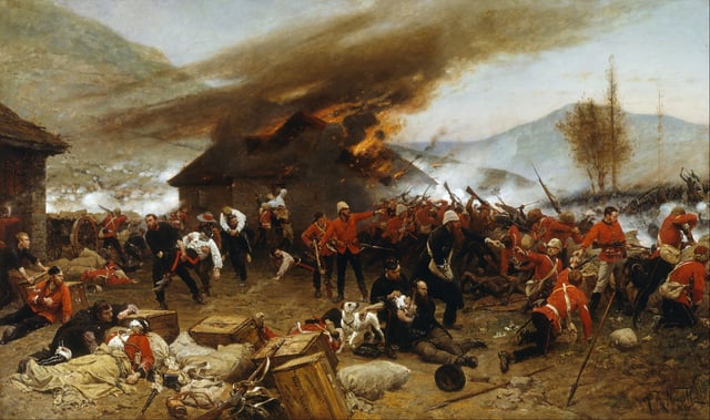 Rorke's Drift, 22–23 January 1879, a battle fought under the command of Lt. John Chard, RE. Eleven Victoria Crosses were won during the battle, including one by Chard. Painting by Alphonse de Neuville