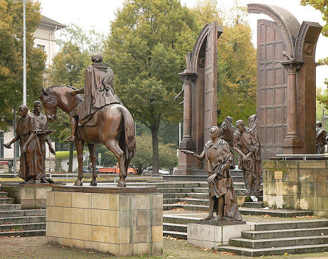 The bronze statues of the Göttingen Seven seen near to the federal state parliament in Hanover.