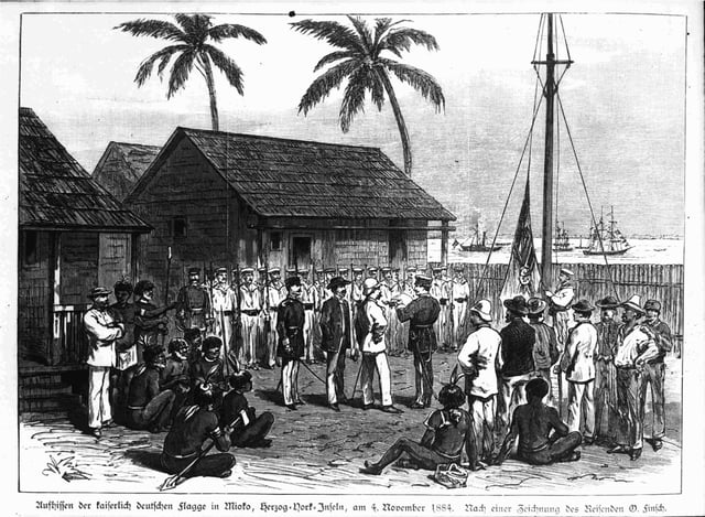 Hoisting the German flag at Mioko, German New Guinea in 1884
