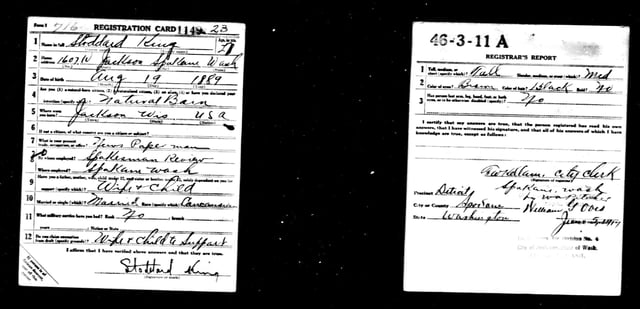 WWI draft card, the lower left corner to be removed by men of African background to help keep military segregated