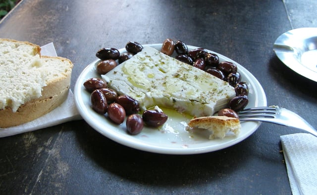 Greek Feta served with olives.
