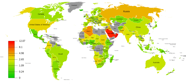 Map of military expenditures as a percentage of GDP by country, 2017.