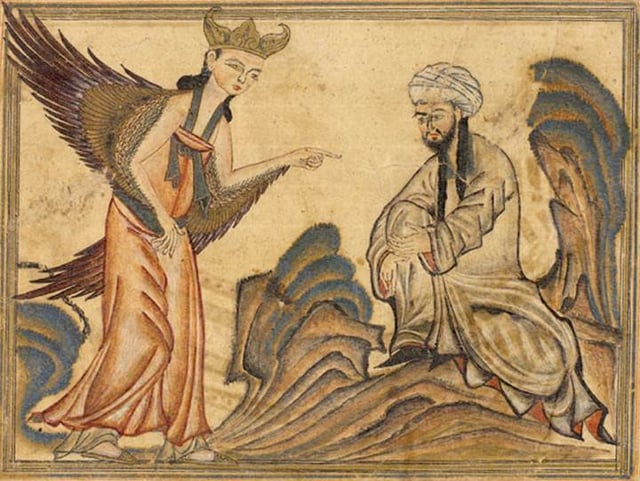 Muhammad receiving his first revelation from the angel Gabriel. From the manuscript Jami' al-tawarikh by Rashid-al-Din Hamadani, 1307, Ilkhanate period.