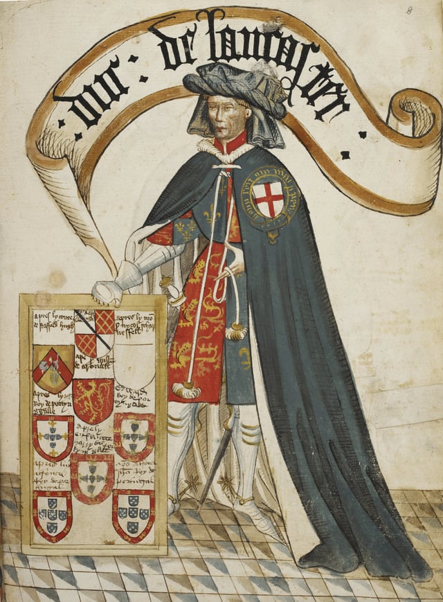 Henry of Grosmont, Earl of Lancaster (later Duke of Lancaster) (d. 1361), the second appointee of the Order, shown wearing a tabard displaying the royal arms of England over which is his blue mantle or garter robe. Illuminated miniature from the Bruges Garter Book made c.1430 by William Bruges (1375–1450), first Garter King of Arms