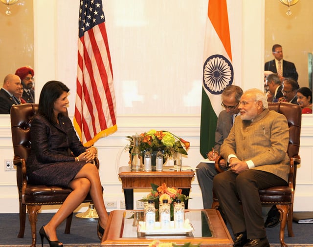 Haley and Indian prime minister Narendra Modi in New York on September 28, 2014