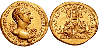 Aureus issued by Trajan to celebrate the conquest of Parthia. Inscription: IMP. CAES. NER. TRAIAN. OPTIM. AVG. GER. DAC. PARTHICO / P. M., TR. P., CO[N]S. VI, P. P., S.P.Q.R. - PARTHIA CAPTA