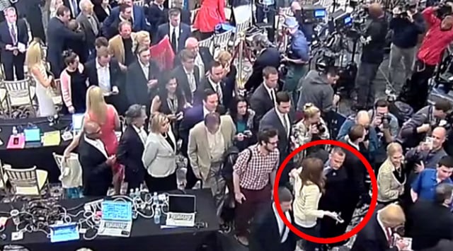 Capture from a police video showing Lewandowski, while working as Donald Trump's campaign manager, grabbing the arm of Michelle Fields, a former Breitbart reporter.