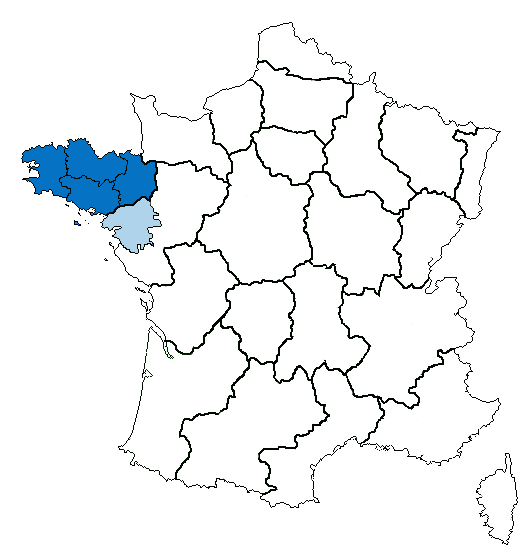 The region Brittany comprises four historical Breton départements. Loire-Atlantique, in light blue, is part of the Pays de la Loire region.