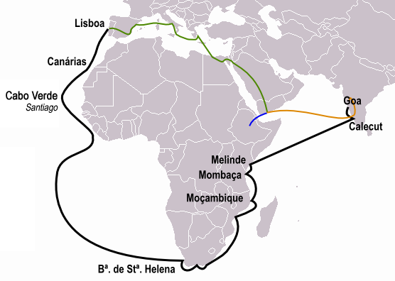 This figure illustrates the path of Vasco da Gama heading for the first time to India (black) as well as the trips of Pêro da Covilhã (orange) and Afonso de Paiva (blue). The path common to both is the green line.