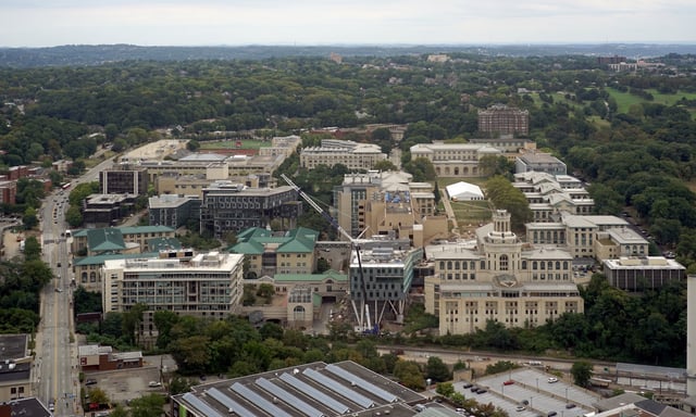 The main campus in Pittsburgh as seen from the 36th floor of the Cathedral of Learning at the University of Pittsburgh, August 2015.