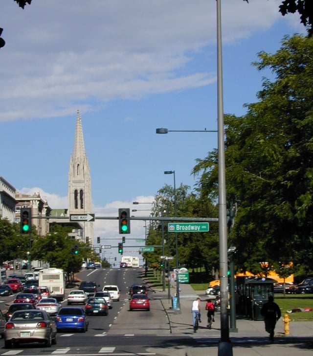 Colfax Avenue at Broadway, where the downtown street grid and the "normal" city grid meet. Colfax Avenue carries U.S. Highway 40 through Denver.