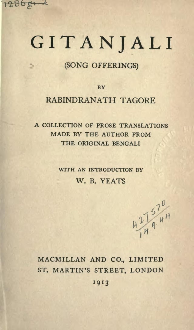 Title page of the 1913 Macmillan edition of Tagore's Gitanjali.