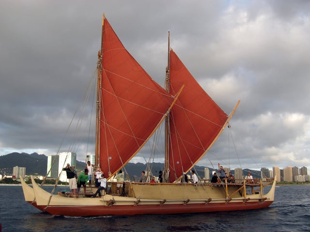 Hōkūleʻa, a modern replica of an Austronesian (Polynesian) voyaging catamaran with crab claw sails