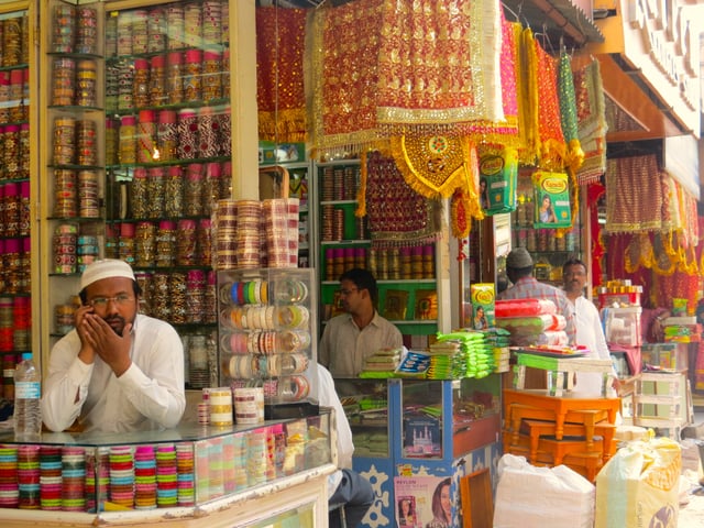 A scene of bridalwear shops in Laad Bazaar, near the Charminar