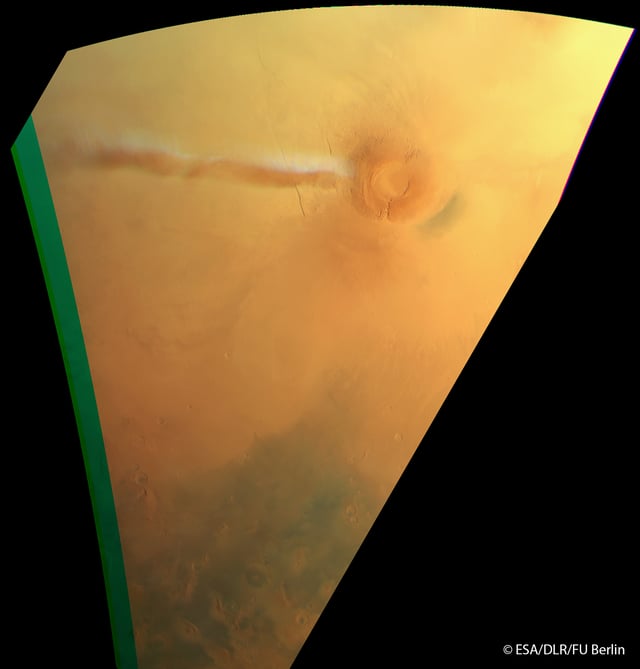 Water-ice clouds formed in the vicinity of the Arsia Mons volcano. The image was taken on 21 September 2018, but similar cloud formation events had been observed in the same site before. Photo credit:  ESA/DLR/FU Berlin