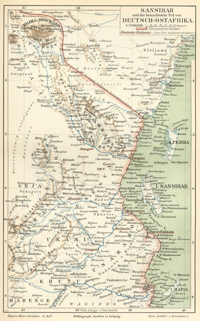 The Historical map with "Kilima-Ndscharo" during the German East Africa in the year 1888