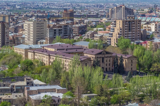 Aerial view of the building and premises