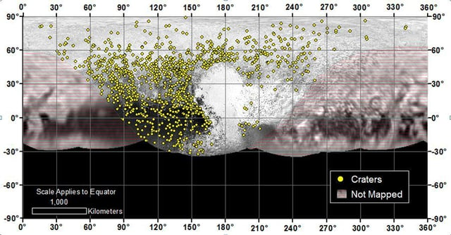 Distribution of over 1000 craters of all ages on Pluto. The variation in density (with none found in Sputnik Planitia) indicates a long history of varying geological activity.