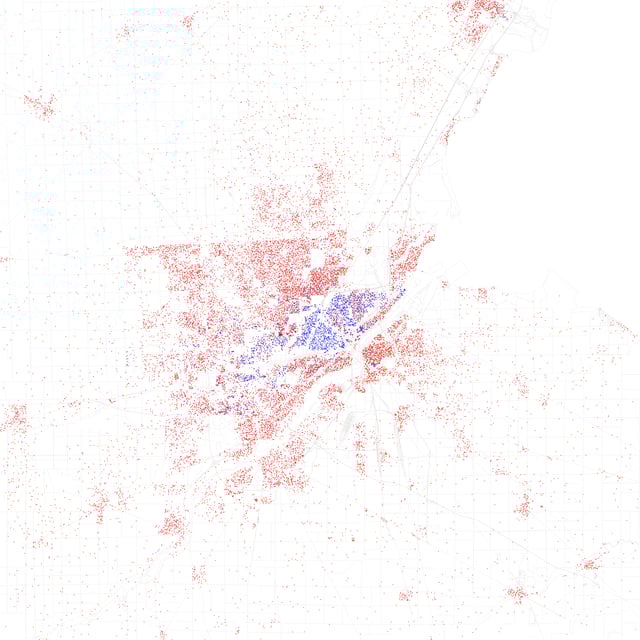 Map of racial distribution in Toledo, 2010 U.S. Census. Each dot is 25 people: White, Black, Asian, Hispanic or Latino of any race or Other (yellow)