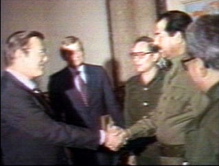 Saddam Hussein meets Donald Rumsfeld during the Iran–Iraq War. Hussein ruled Iraq from 1979 until 2003.