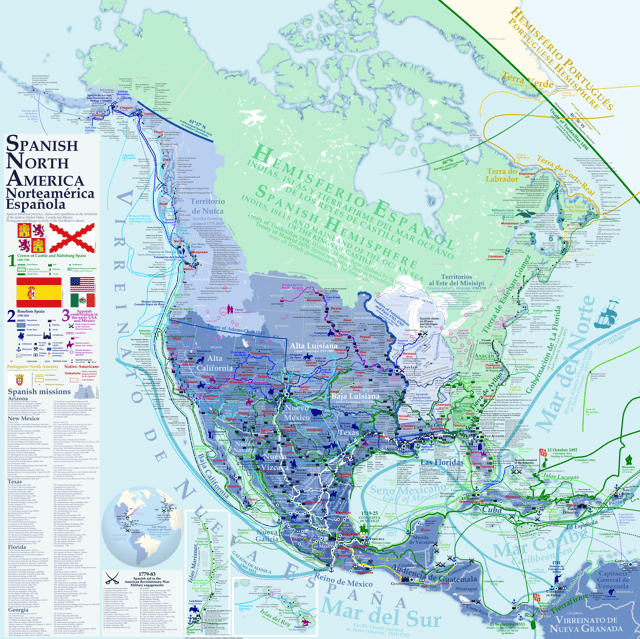 Spanish historical presence, claimed territories, points of interest and expeditions in North America.