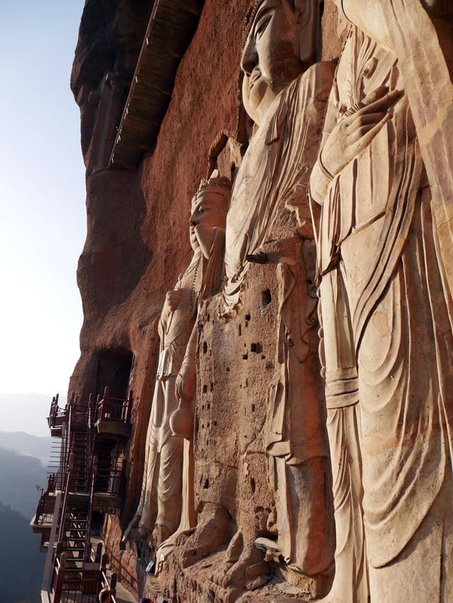View of Maijishan hill caves, grottoes and stairways.