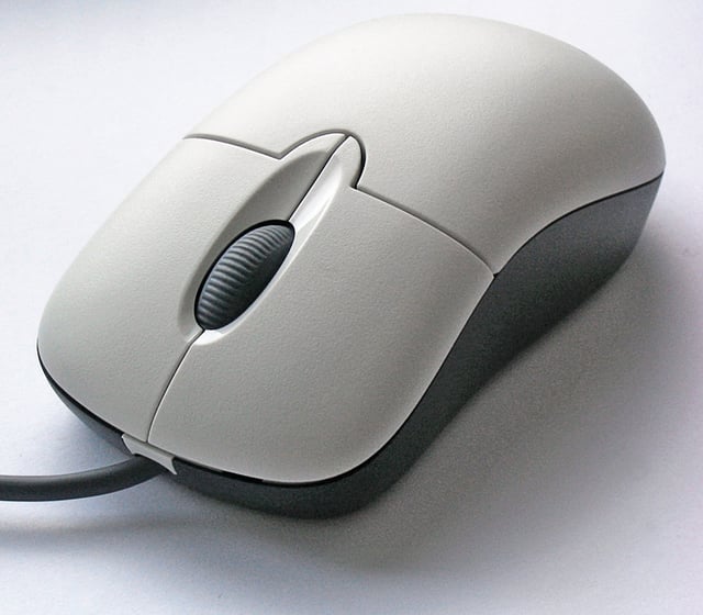 A computer mouse with the most common features: two buttons (left and right) and a scroll wheel, which can also act as a third button.