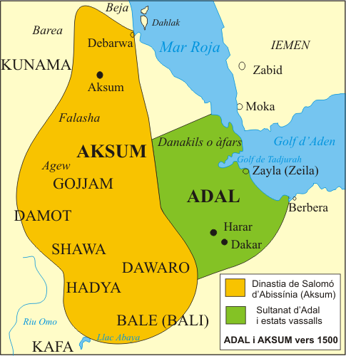The Territory of the Adal Sultanate and its vassal states circa 1500.