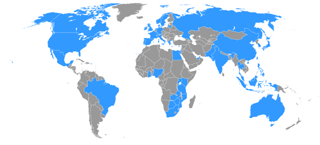A map showing the countries of the world in which Barclays currently has operations