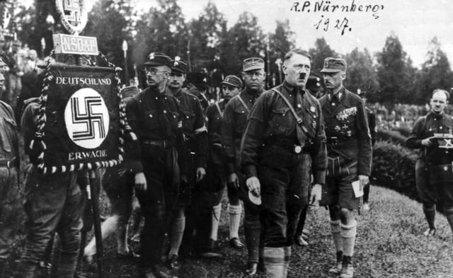 Heinrich Himmler (with glasses, to the left of Adolf Hitler) was an early supporter of the NSDAP.