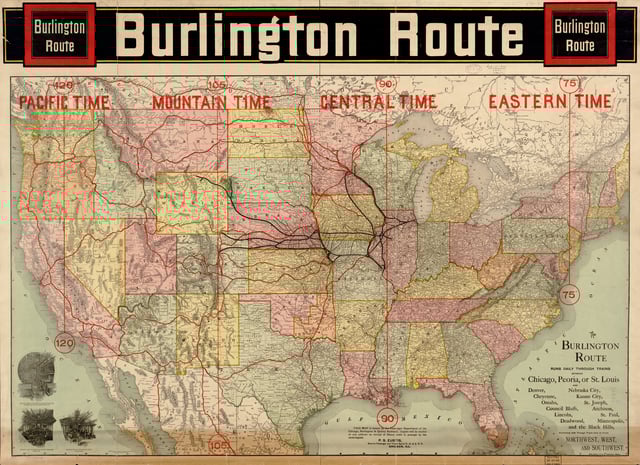 Burlington Route system map, 1892. Burlington lines are black; connecting railroads are red.