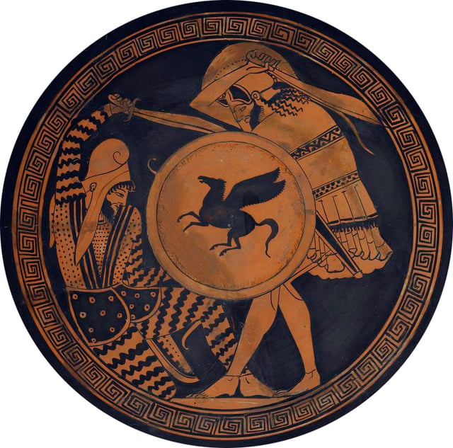 Greek hoplite and Persian warrior depicted fighting. Ancient kylix, 5th century BC.