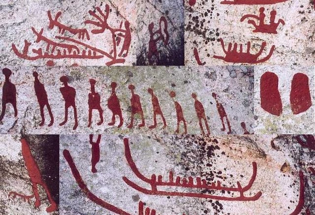 Composite image of petroglyphs from Scandinavia (Häljesta, Västmanland in Sweden). Nordic Bronze Age. The glyphs have been painted to make them more visible.