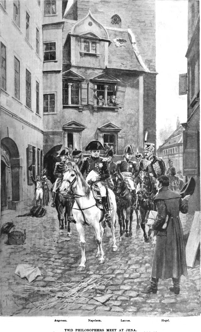 "Hegel and Napoleon in Jena" (illustration from Harper's Magazine, 1895), whose meeting became proverbial due to Hegel's notable use of Weltseele ("world-soul") in reference to Napoleon ("the world-soul on horseback", die Weltseele zu Pferde)