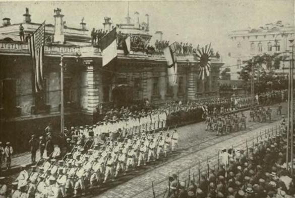 American, British, and Japanese Troops parade through Vladivostok in armed support to the White Army