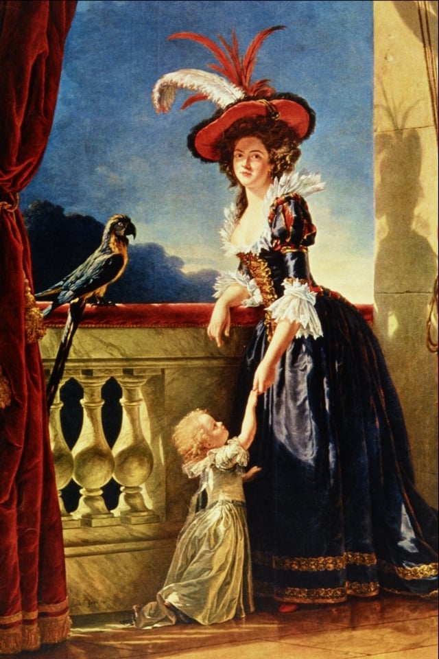 Posthumous portrait of Louise Élisabeth with her son, by Adélaïde Labille-Guiard. The portrait was commissioned by her sisters in 1787; the shadows on her face and on the wall may simbolize death.