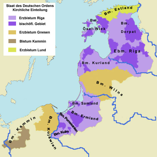 Situation after the conquest in the late 13th century. Areas in purple under control of the Monastic State of the Teutonic Knights
