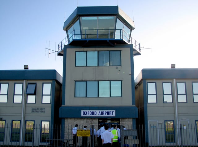 The air traffic control tower at Oxford Airport