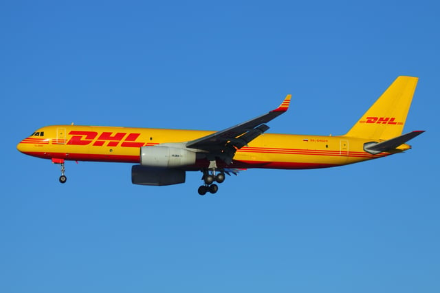 A Tupolev Tu-204C operated for DHL by Aviastar-TU at Sheremetyevo International Airport in Moscow, Russia.