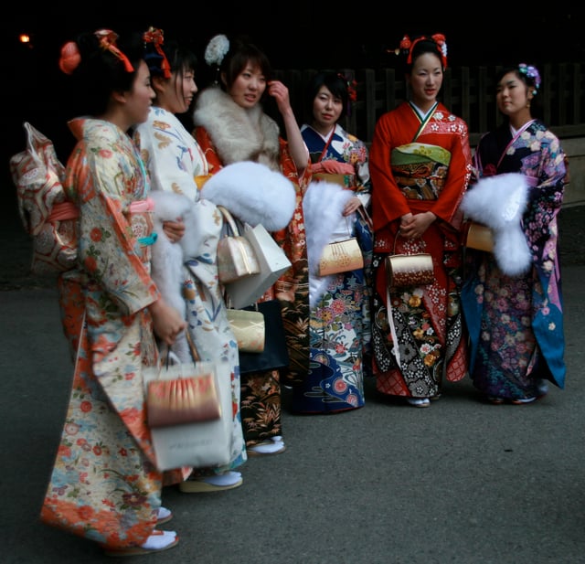 Young ladies celebrate Coming of Age Day (成人の日, Seijin no Hi) in Harajuku, Tokyo