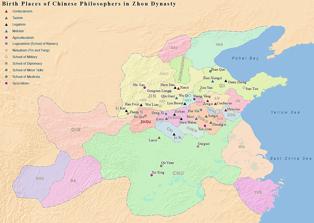 Birth places of notable Chinese philosophers of the Hundred Schools of Thought in Zhou dynasty. Confucians are marked by triangles in dark red.