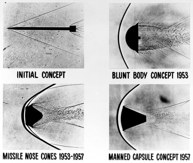 Early reentry-vehicle concepts visualized in shadowgraphs of high speed wind tunnel tests