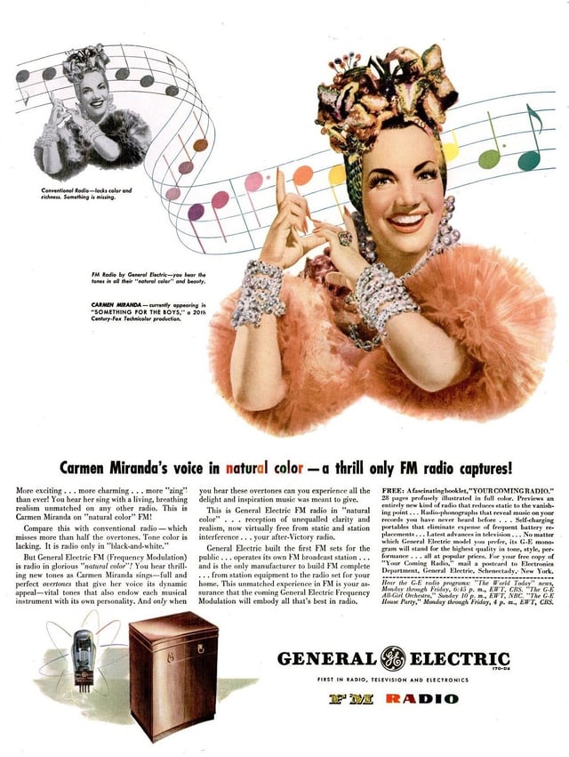 Carmen Miranda in a 1945 advertisement for a General Electric FM radio in The Saturday Evening Post