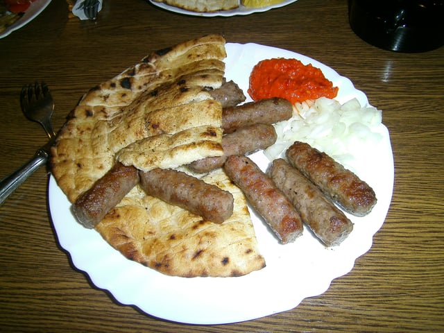 Ćevapi, or Ćevapčići, the national dish of Serbia, served with ajvar