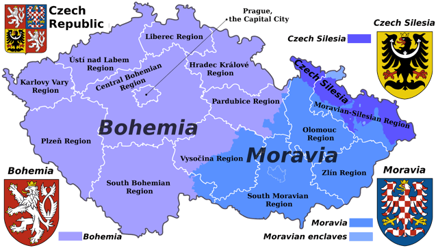 Map of the Czech Republic with traditional regions and current administrative regions
