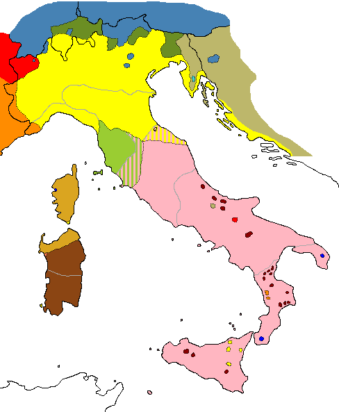 Linguistic map of Italy according to Clemente Merlo and Carlo Tagliavini (1937)